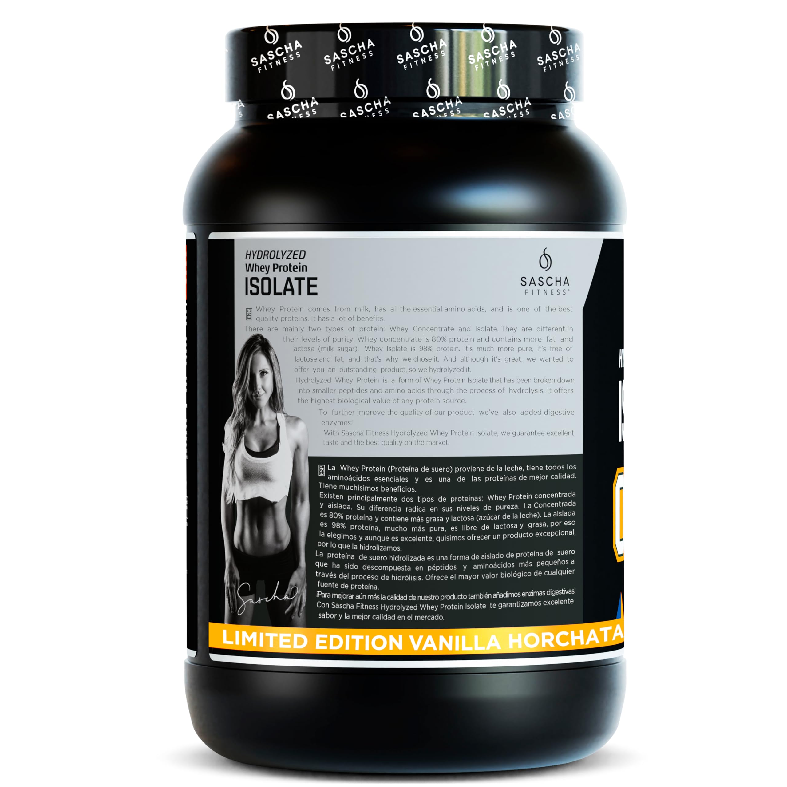 Etiqueta SASCHA FITNESS con normas cGMP y FDA para calidad.