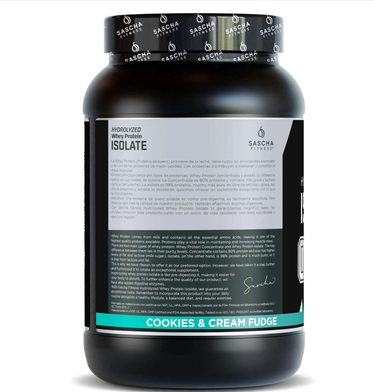 Etiqueta nutricional clara para proteína whey aislada SASCHA FITNESS