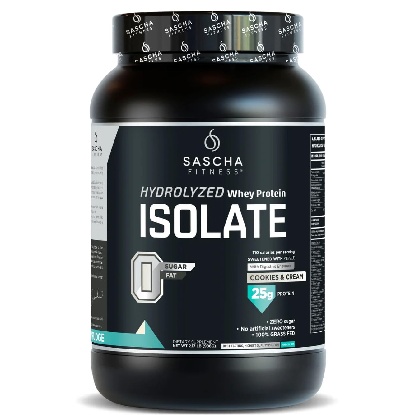Proteína SASCHA FITNESS whey aislada en envase, sabor galletas y crema, ideal para entrenar
