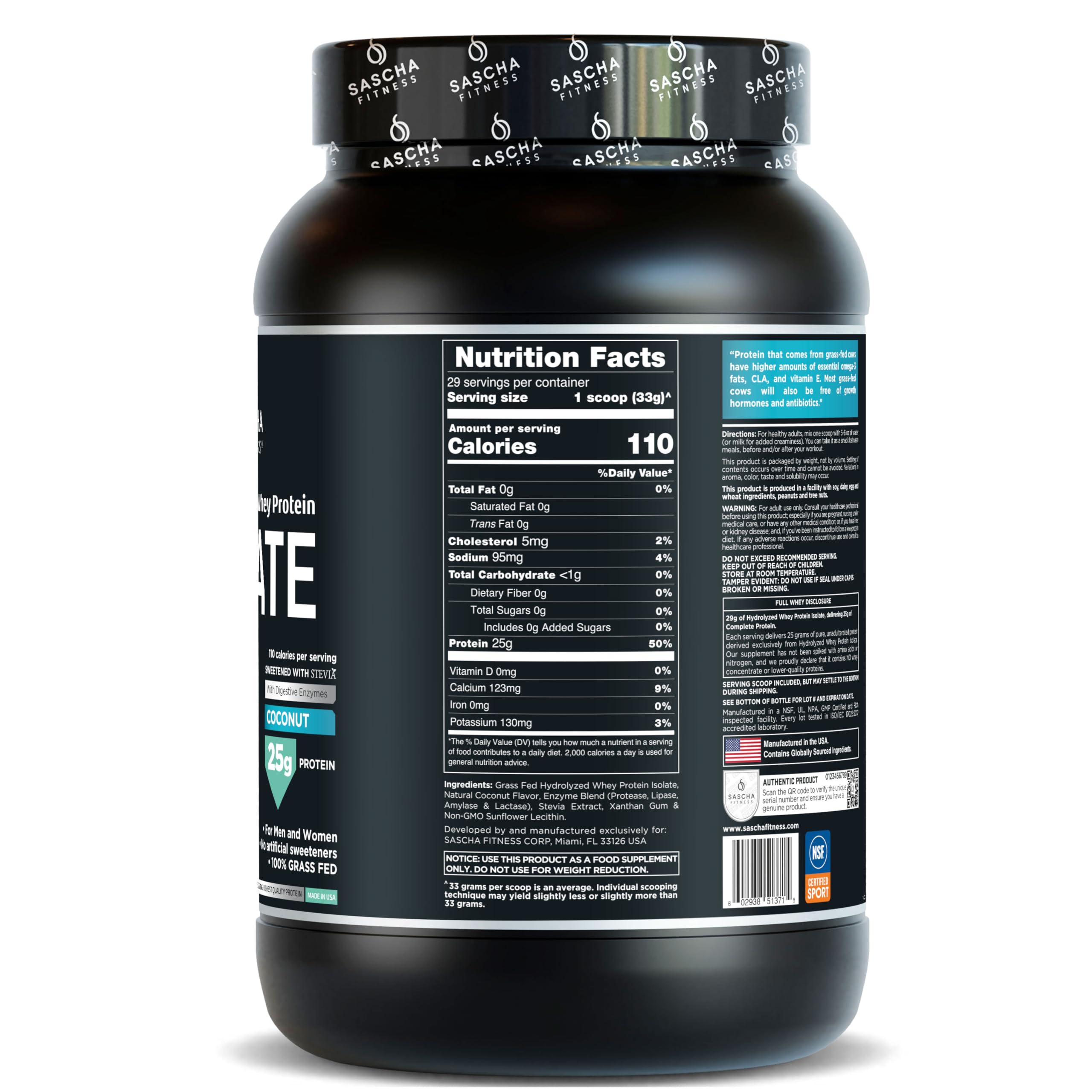 SASCHA FITNESS coconut label close-up — confirms 100% grass-fed protein and hydrolyzed formula.