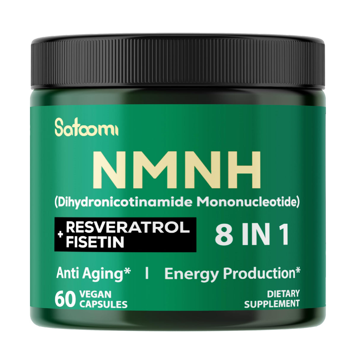 Satoomi NMNH, botella de cápsulas para uso diario y apoyo general.