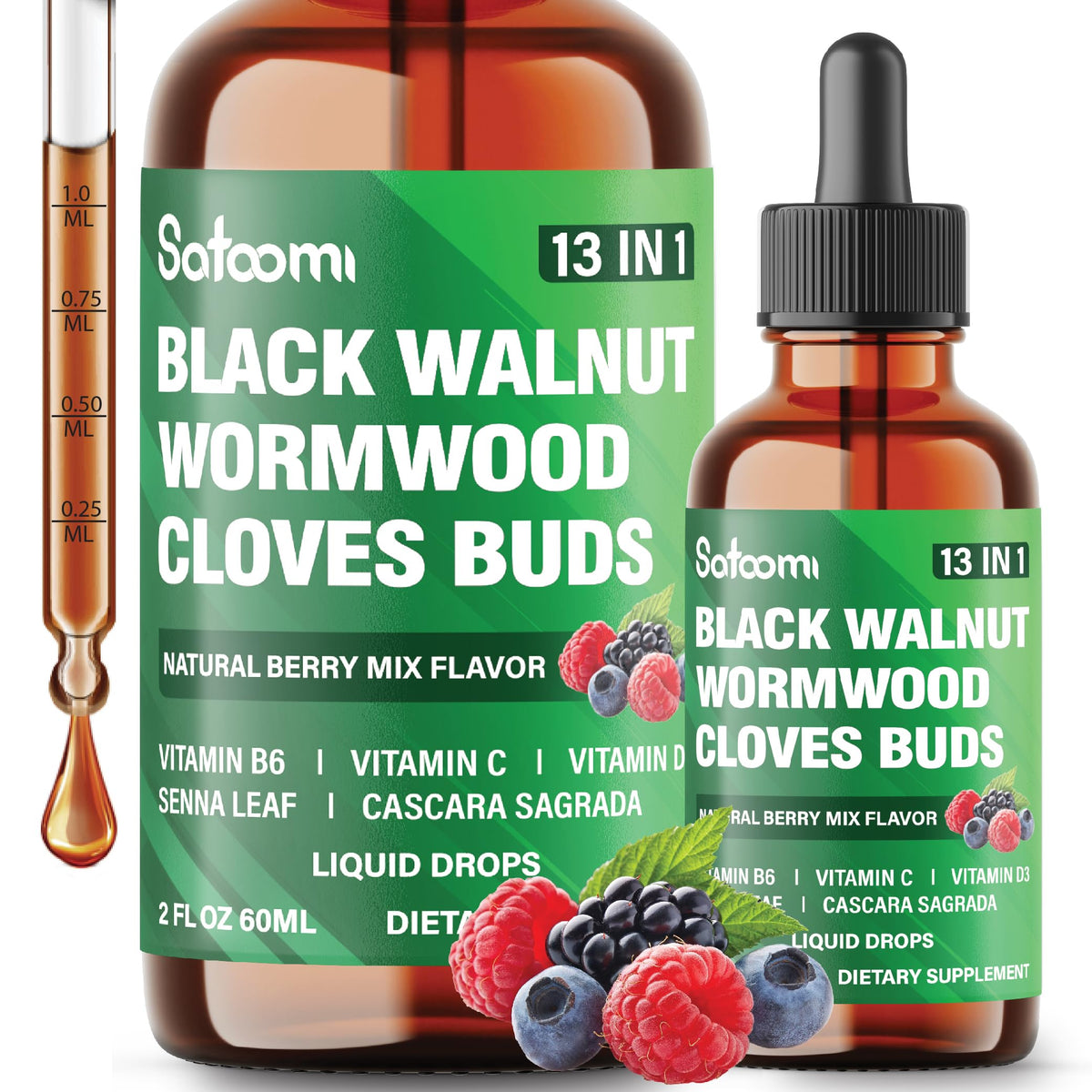 Gotas Satoomi de nuez negra en frasco de 60 ml para uso diario y apoyo digestivo