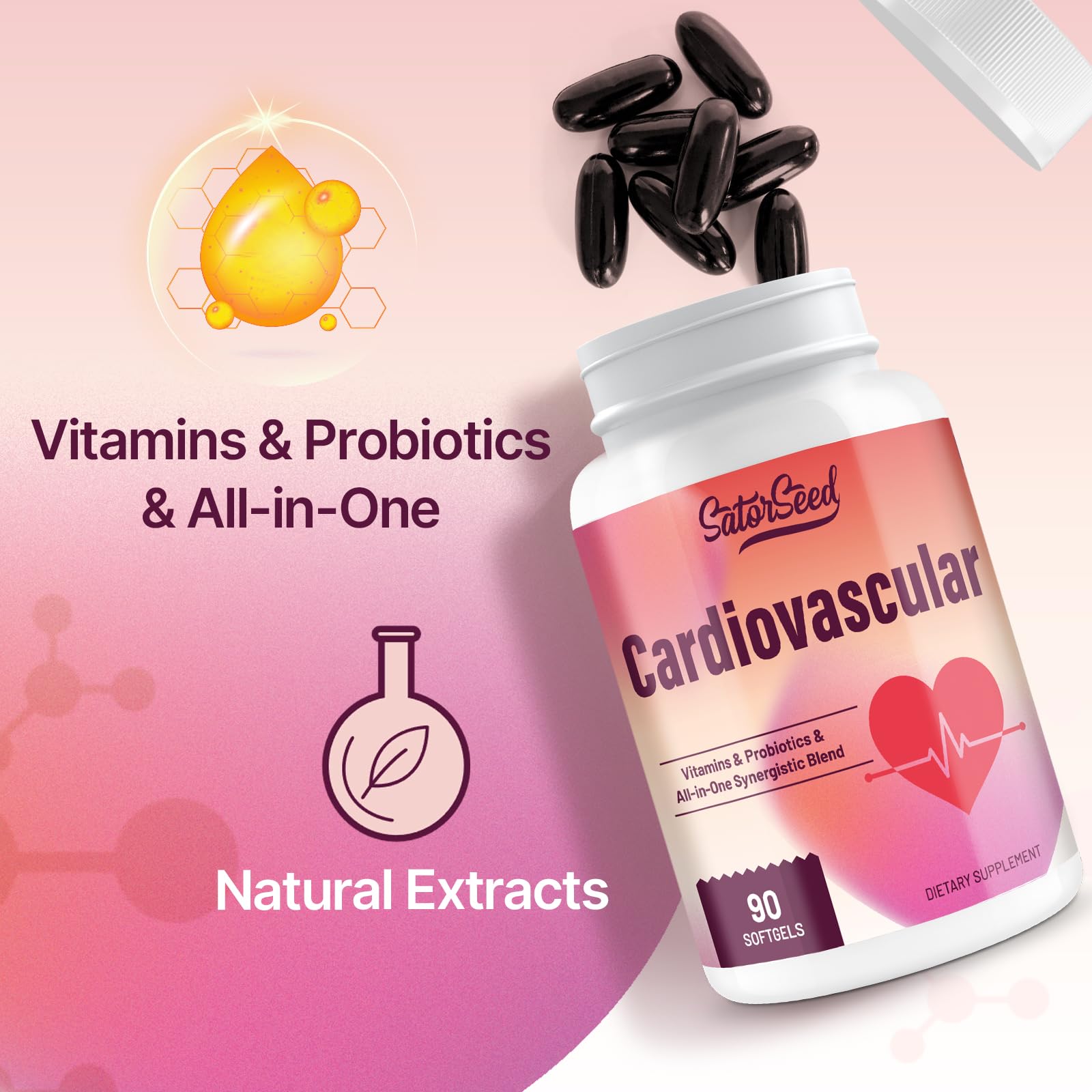 SatorSeed Cardiovascular, dosis diaria de tres cápsulas para conveniencia.
