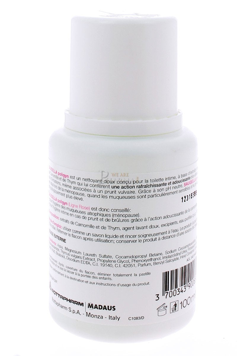 Saugella Poligyn, detalle de etiqueta con manzanilla y tomillo para cuidado suave.