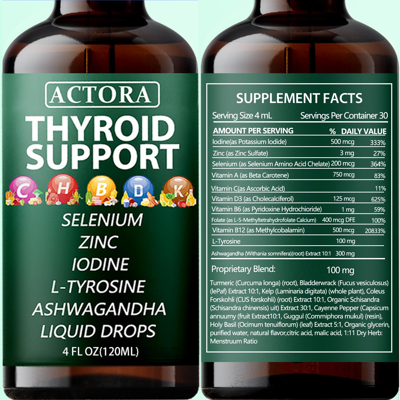 savari Actora ingredientes clave: yodo, zinc y selenio para salud general.