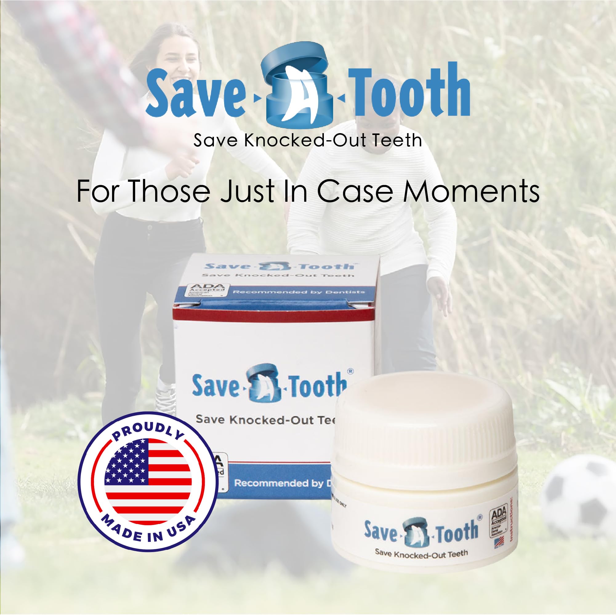 Save-A-Tooth kit se almacena fácilmente en coche o bolsa para emergencias.