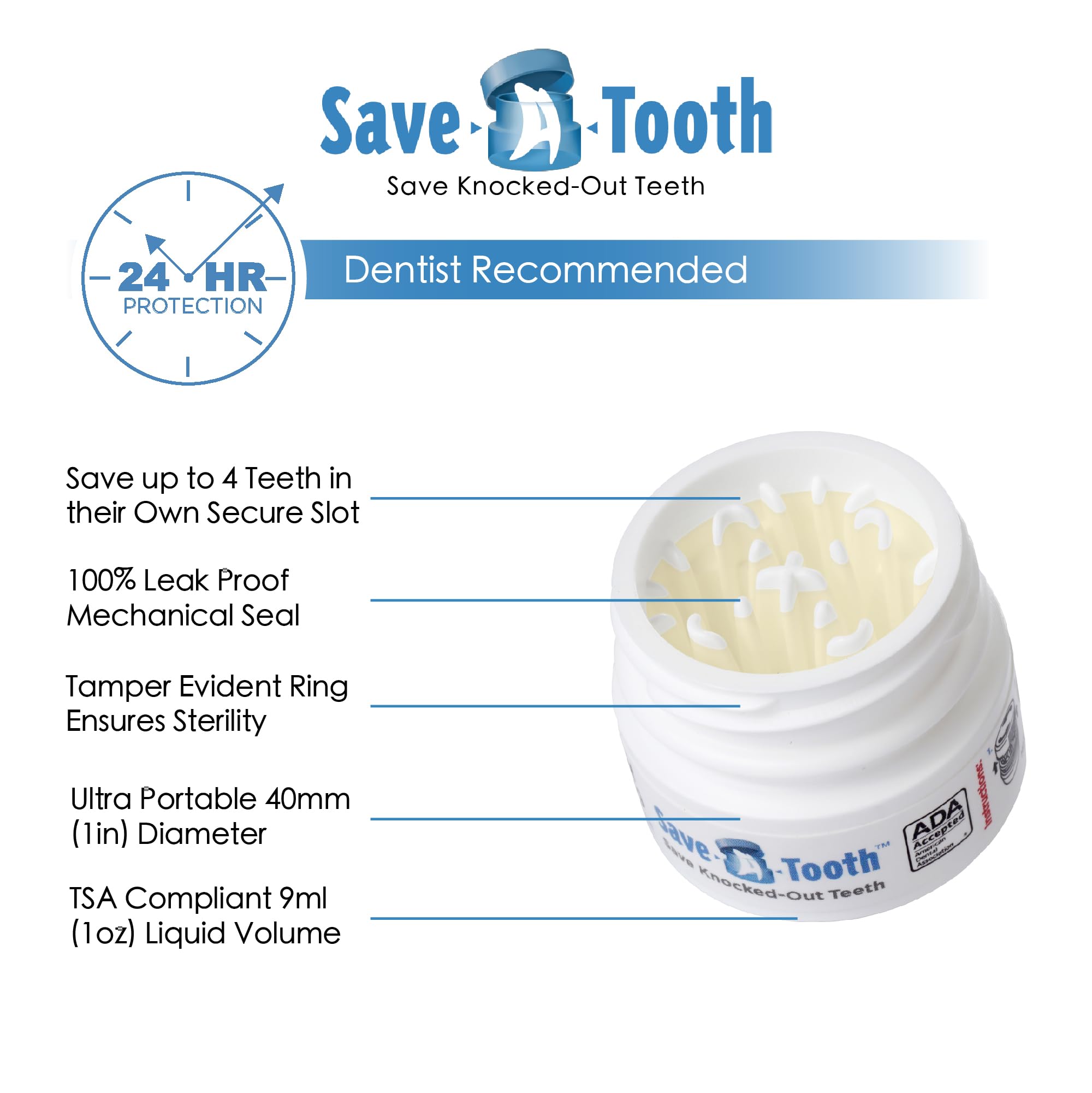 Save-A-Tooth kit con tapa hermética para evitar derrames durante el transporte.