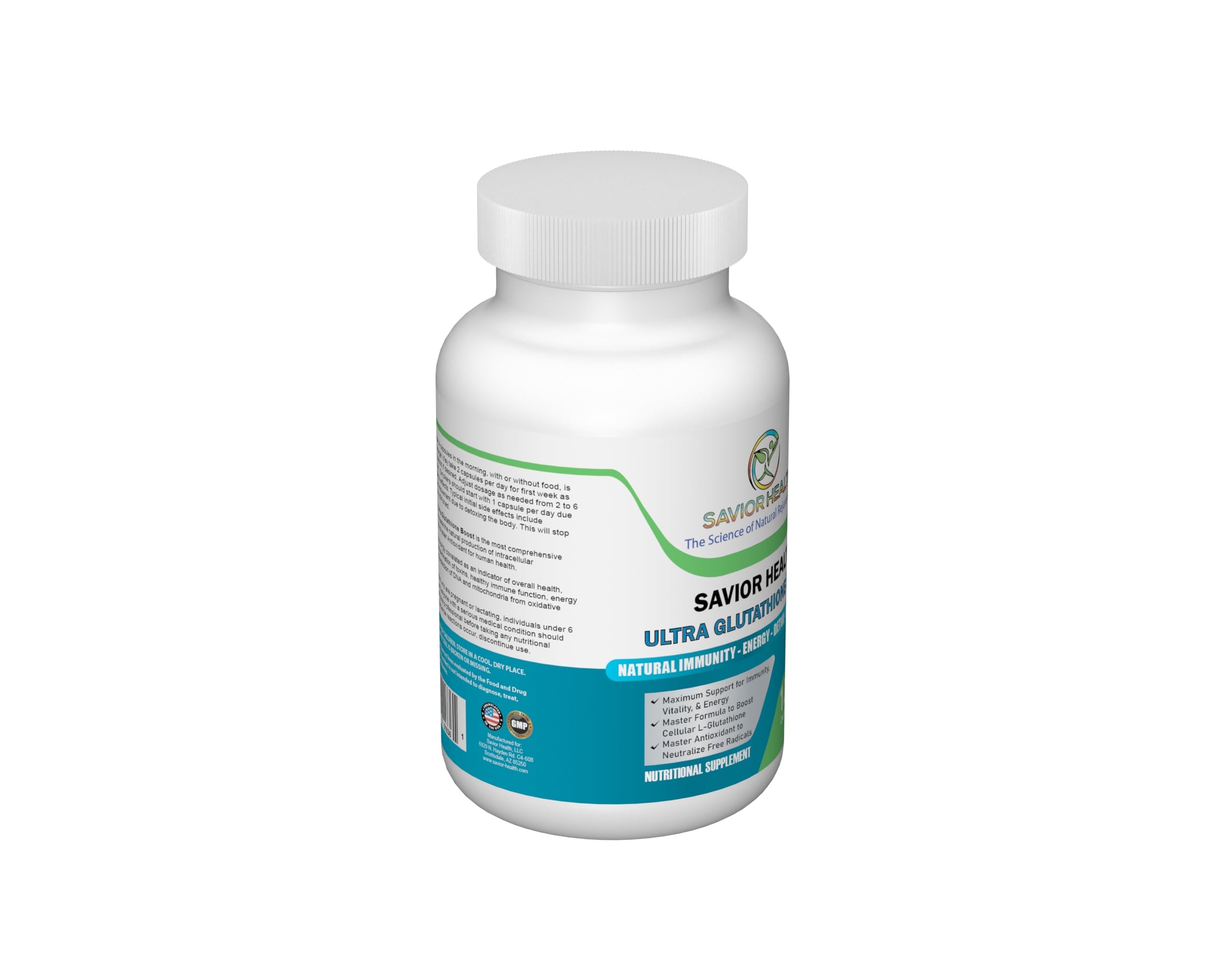 Savior Health Ultra Glutathione Boost empaque frontal con beneficios antioxidantes