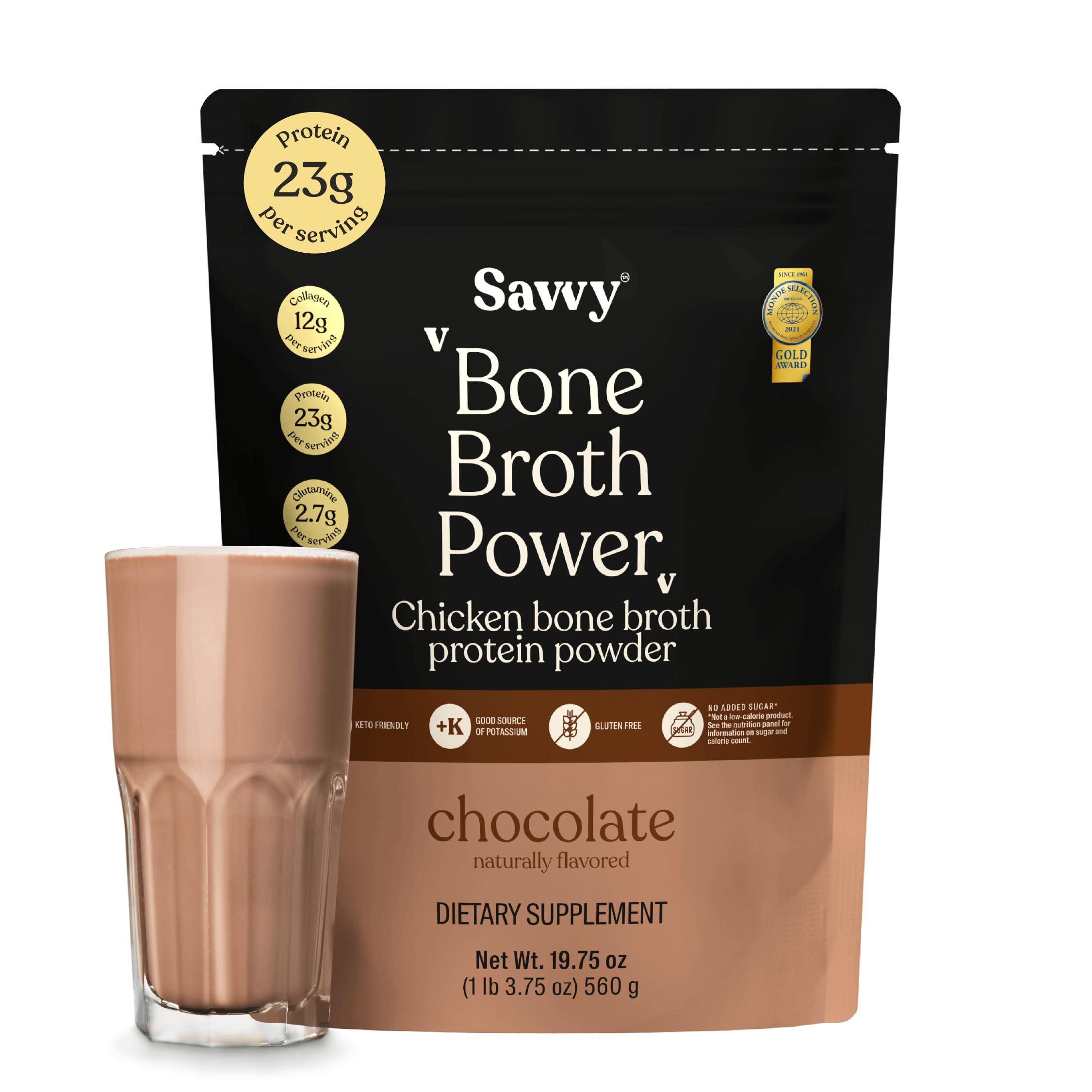 SAVVY proteína de caldo de huesos chocolate, envase 560 g para empezar el día.