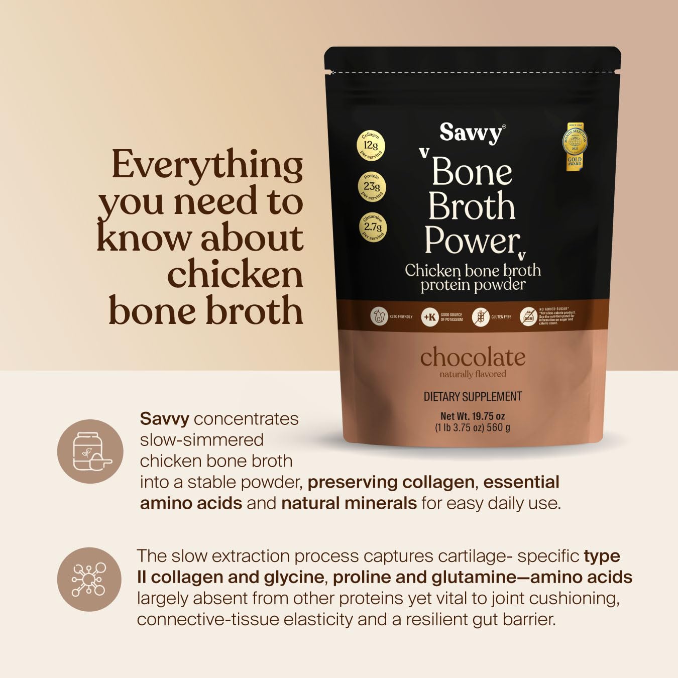 SAVVY proteína de caldo de huesos chocolate, ideal para recetas rápidas.