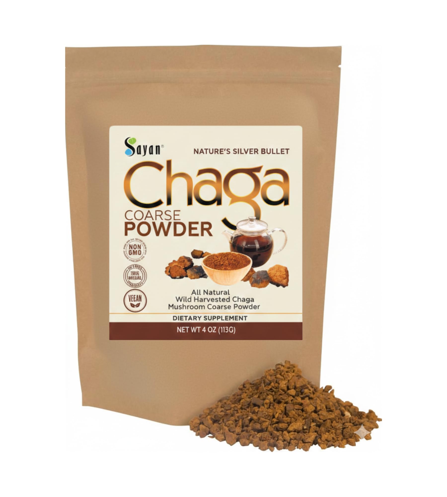 Sayan Chaga polvo crudo en taza: infusión terrosa para energía sostenida