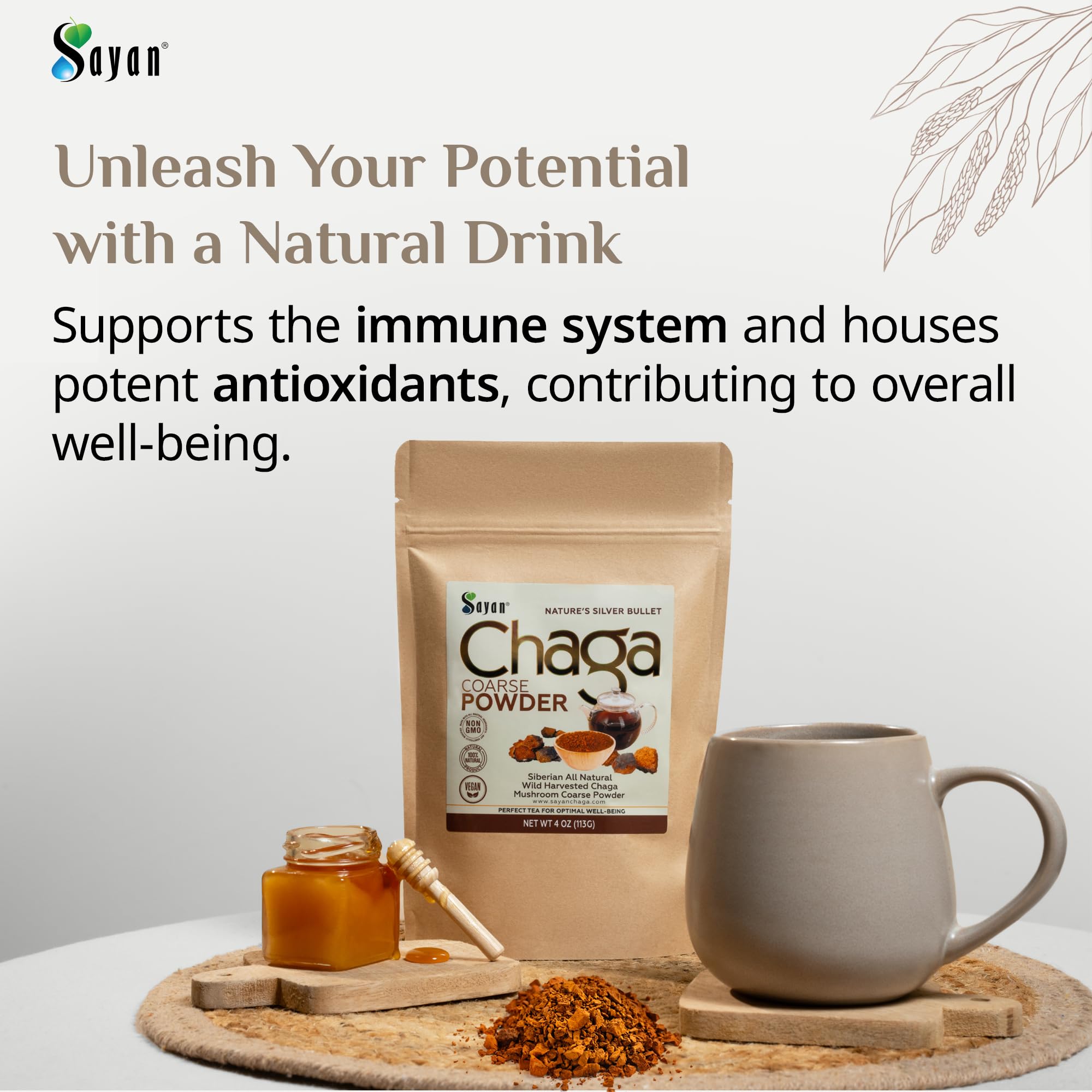 Sayan Chaga polvo crudo en vaso de té, antioxidante diario
