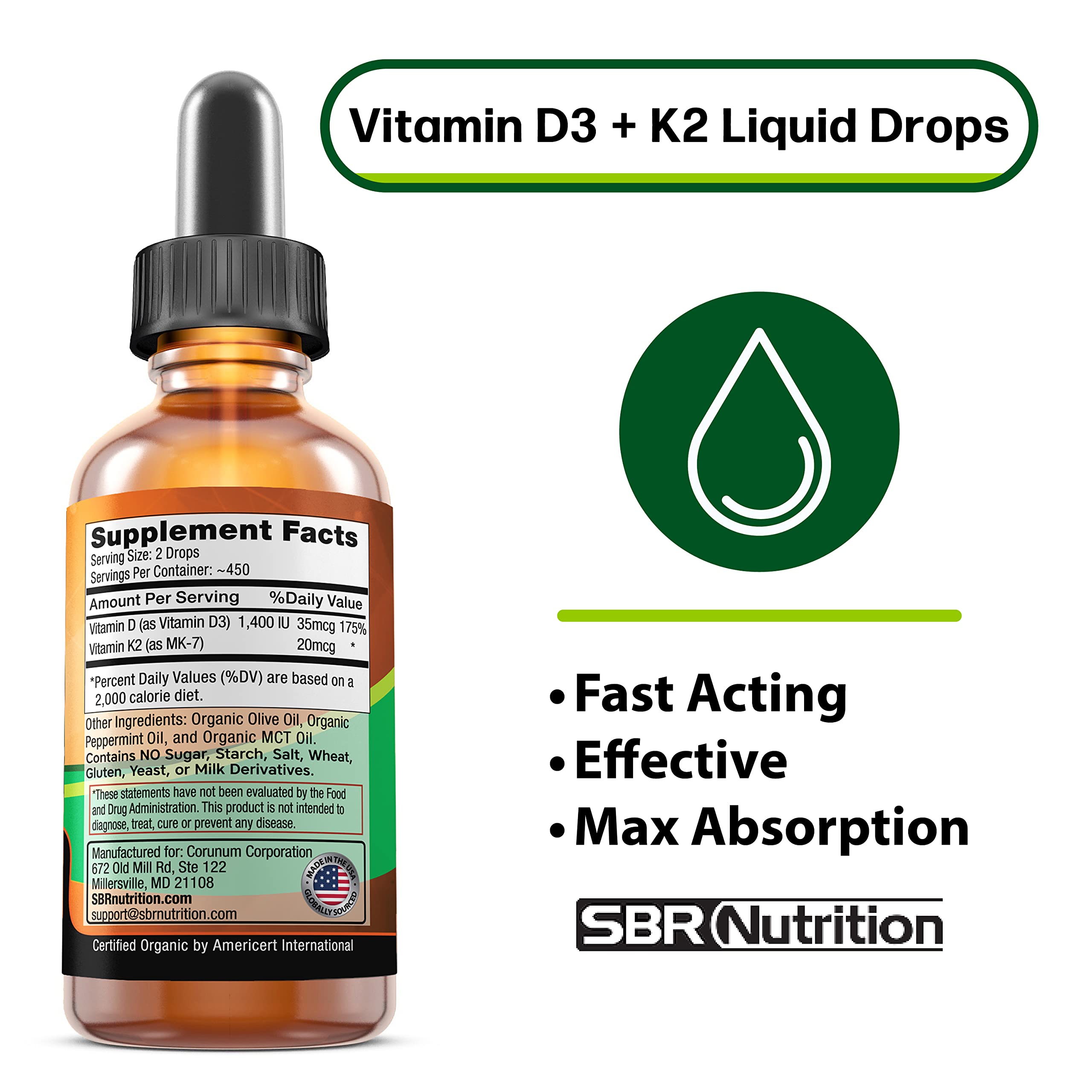 Gotas D3 y K2 de SBR Nutrition, dosis fácil para absorción eficiente