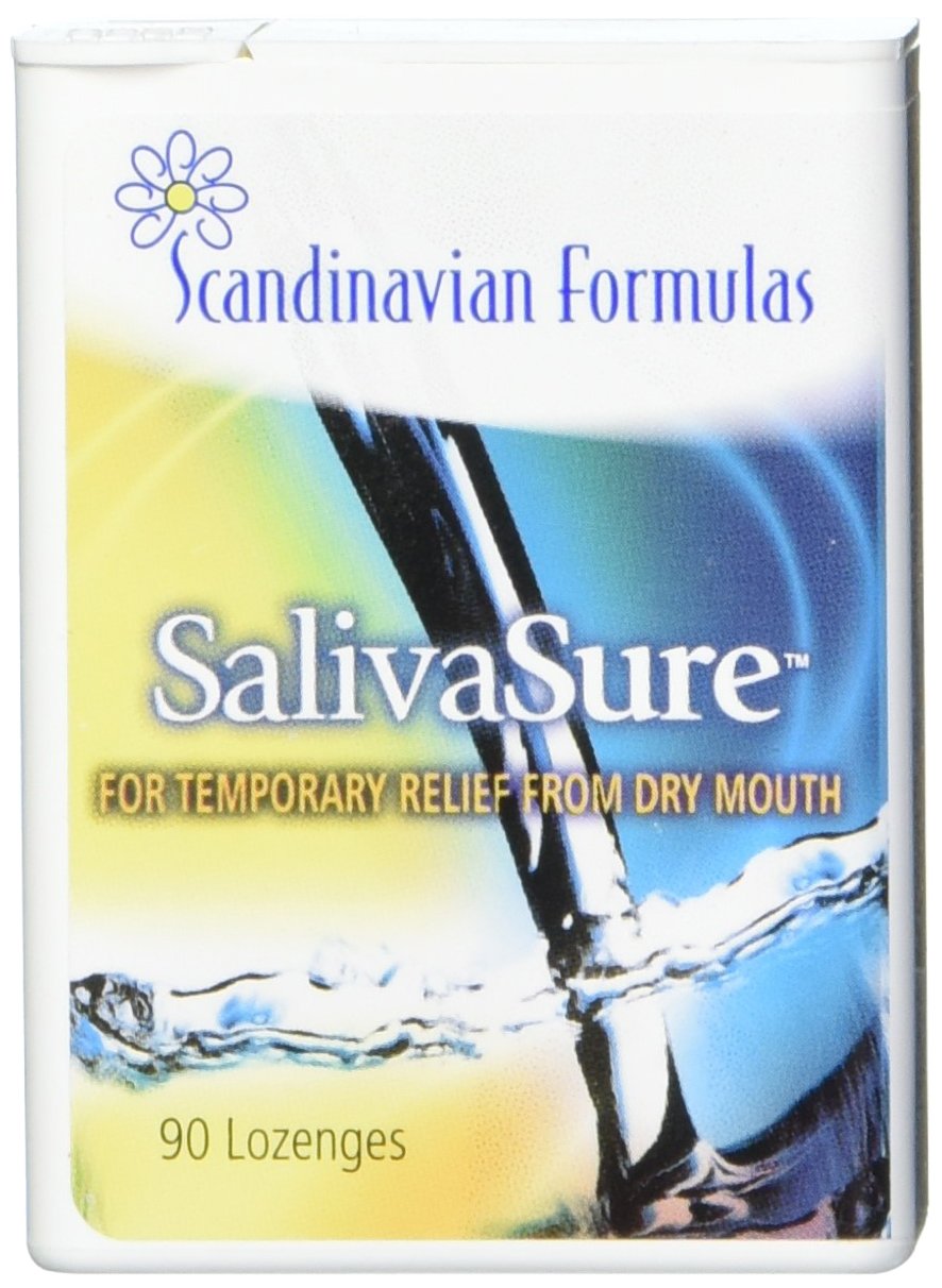 Pastillas Salivasure de Scandinavian Formulas dentro de la caja, alivio rápido de sequedad bucal.