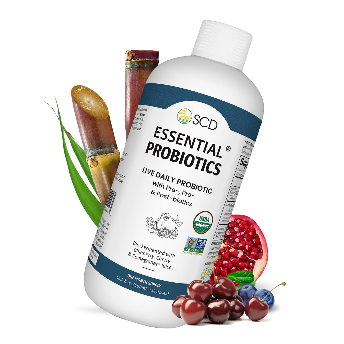SCD Probiotics Esencial en botella con 11 cepas para apoyo digestivo.
