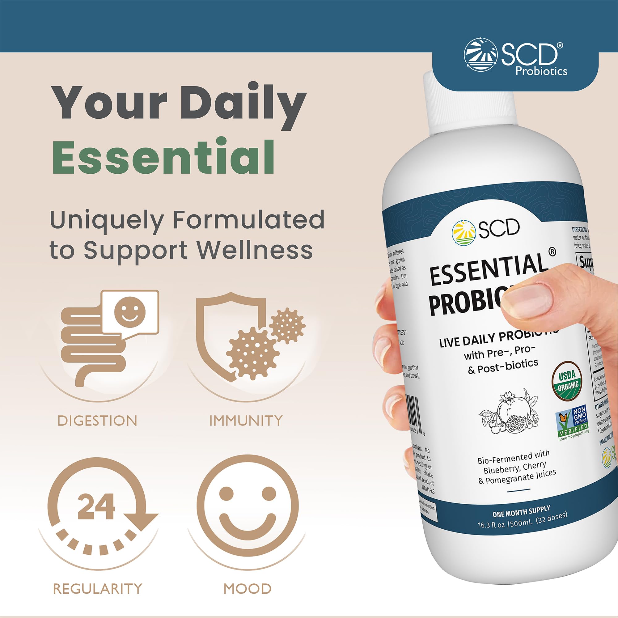 Etiqueta de SCD Probiotics Esencial revela componentes clave y cepas.