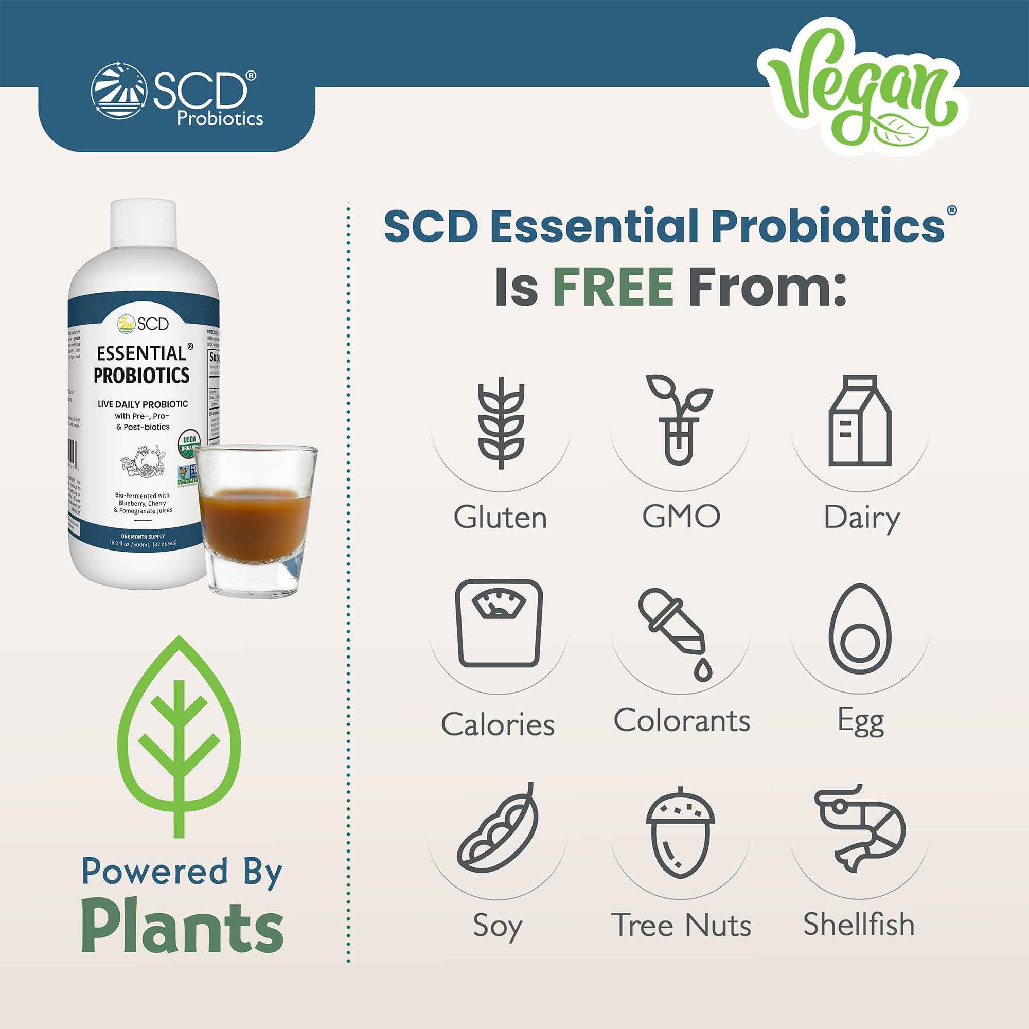 Frasco de SCD Probiotics Esencial en cocina iluminada.