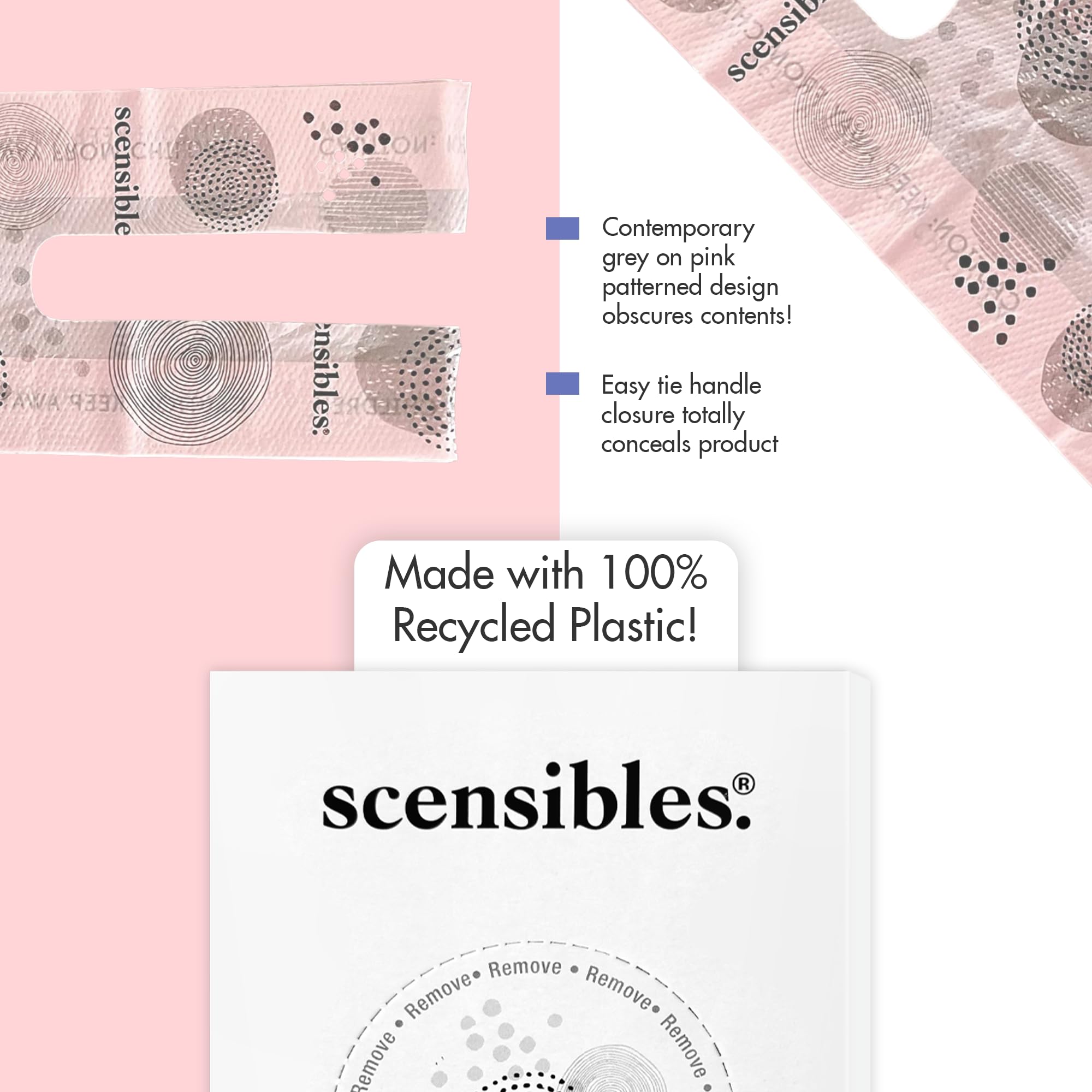 SCENSIBLES bolsa de desecho con diseño gris-rosado: privacidad visible.