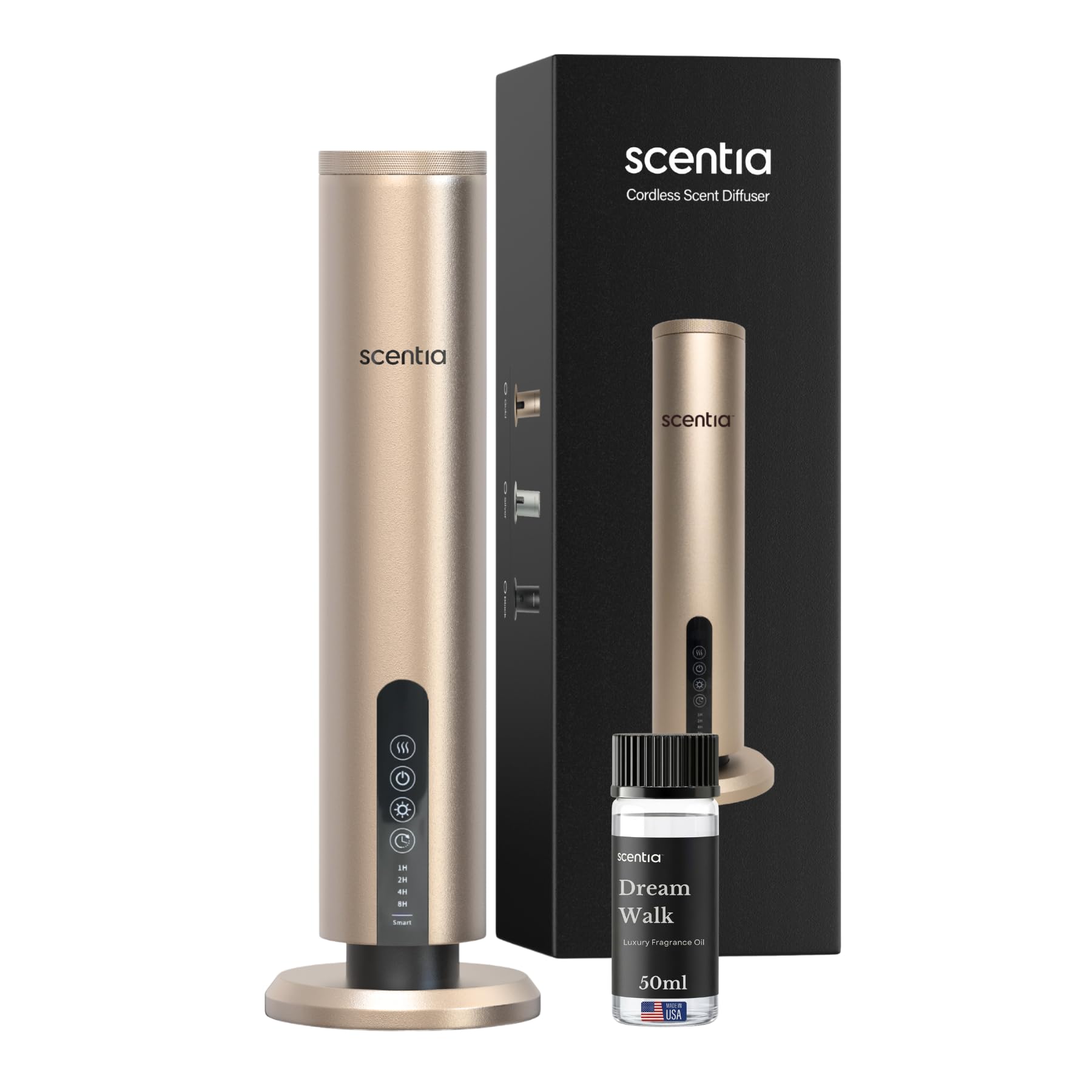 Difusor Scentia inalámbrico sin agua con control en pantalla para aroma continuo en casa.