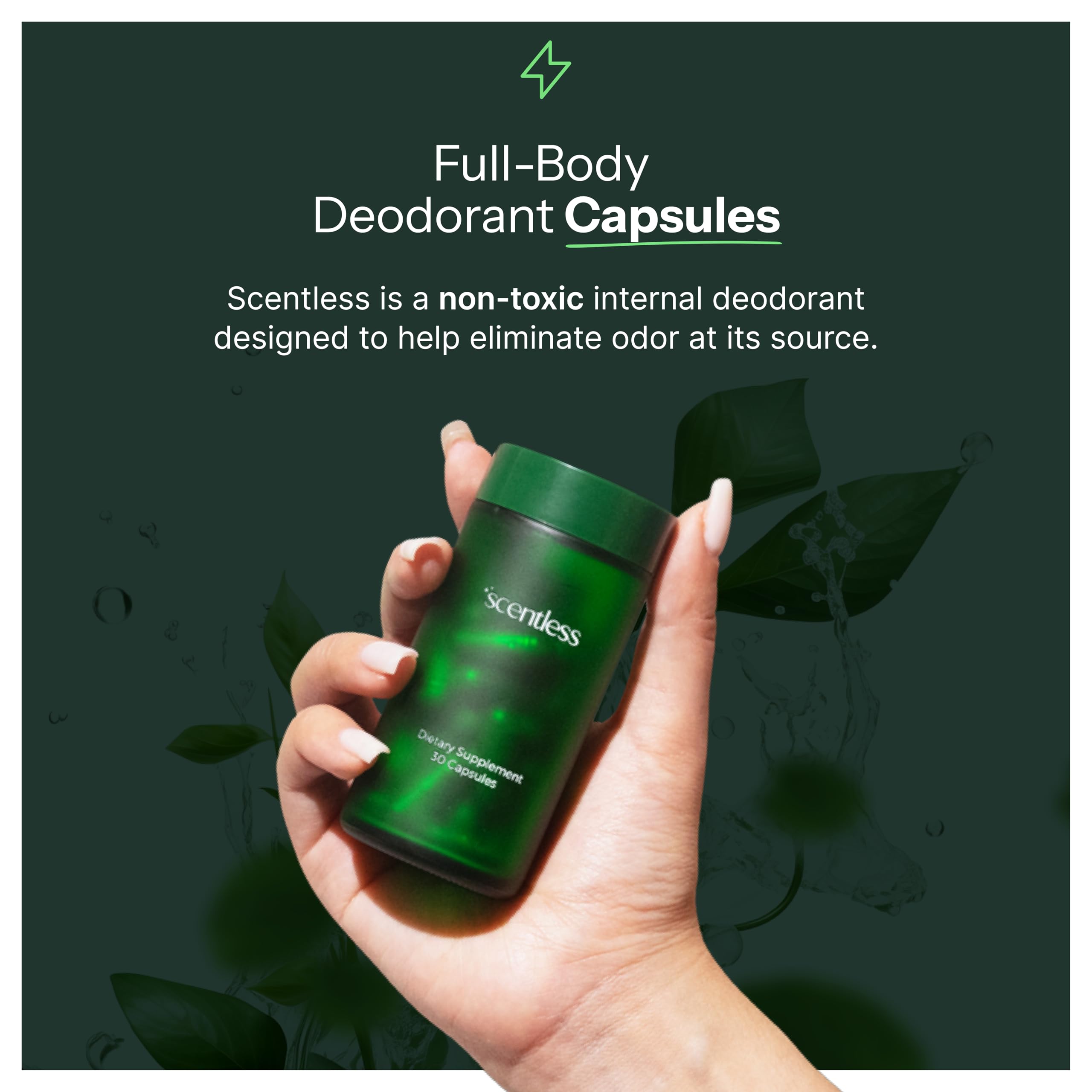 Envase de Scentless con cápsulas vegetales, ideal para uso diario