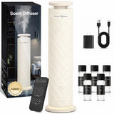 Difusor ScFZen sin agua con torre de tela crema en sala para aroma duradero