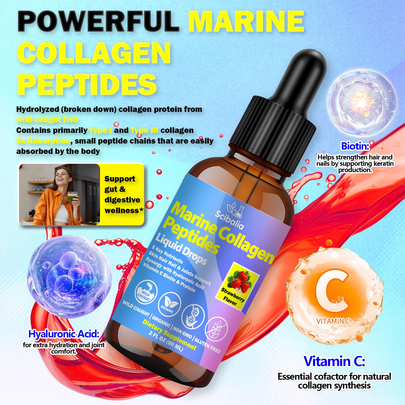 Scibalia gotero en gotas de colágeno marino para absorción rápida.
