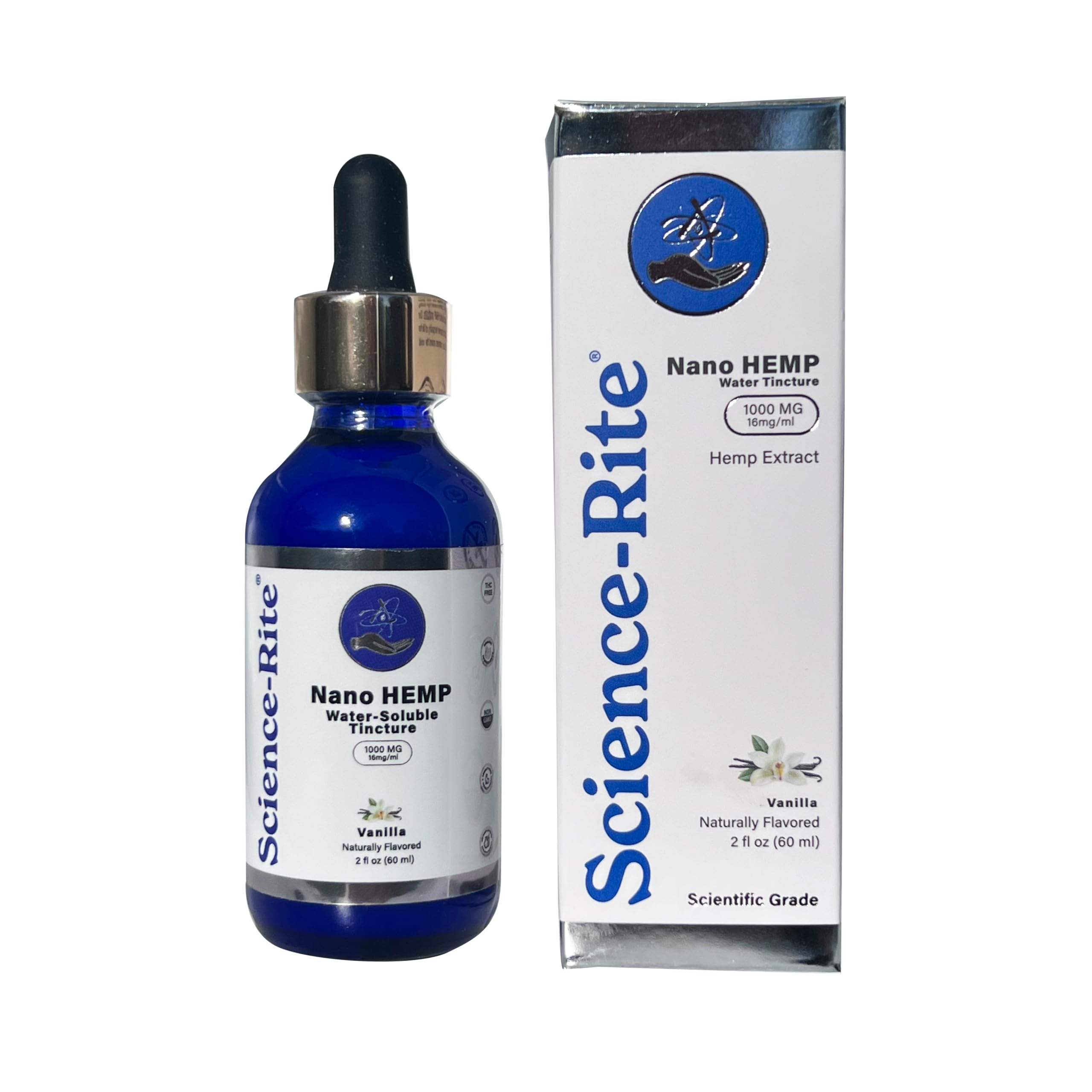 Empaque frontal de Science-Rite Nano Cáñamo en Agua Soluble, claridad de etiqueta.