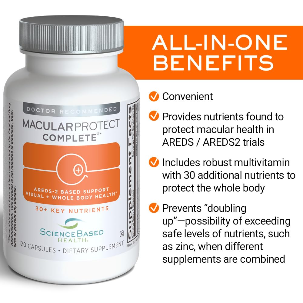 ScienceBased Health MacularProtect Complete etiqueta: empaque claro con información de nutrientes clave