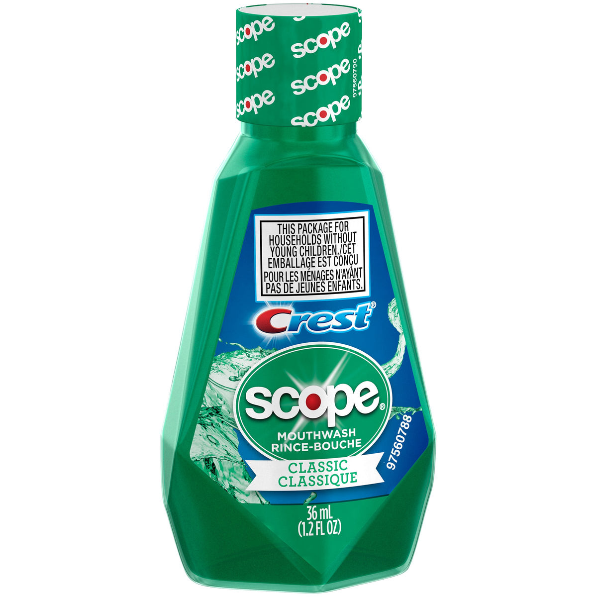 Scope enjuague bucal Original Menta, botella de 36 ml para aliento fresco y confianza.