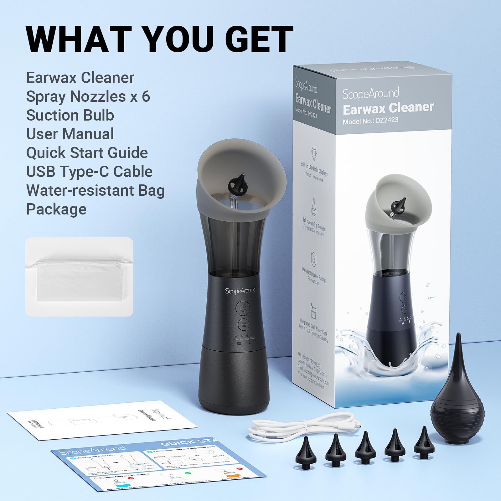 ScopeAround batería recargable, carga USB Tipo-C para uso constante.