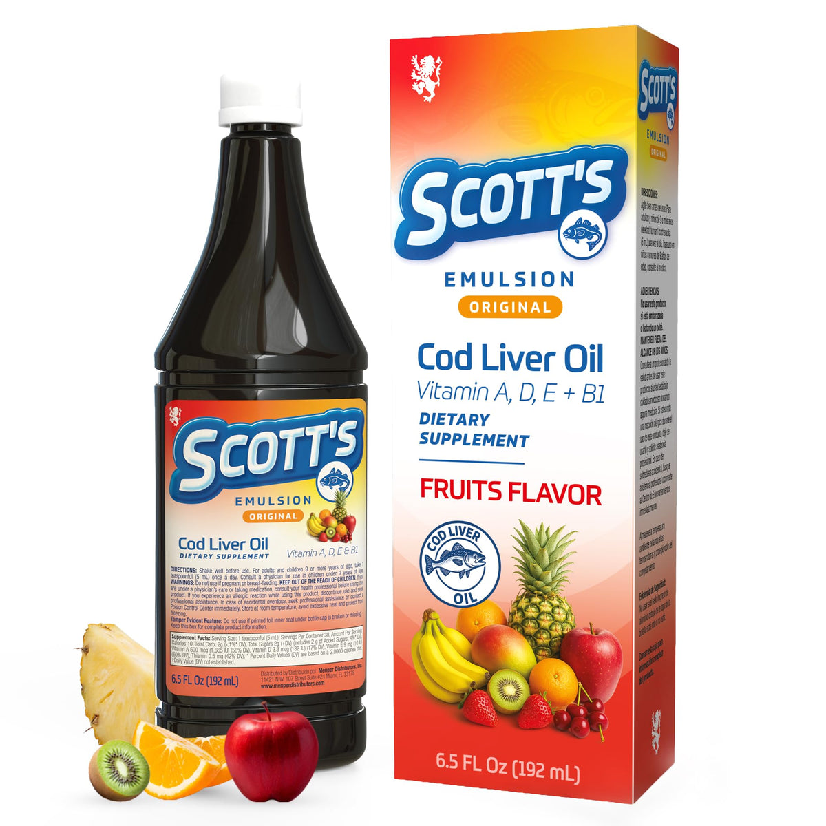 SCOTT'S EMULSION: botella de aceite de hígado de bacalao para niños, sabor a frutas, fácil de tomar.
