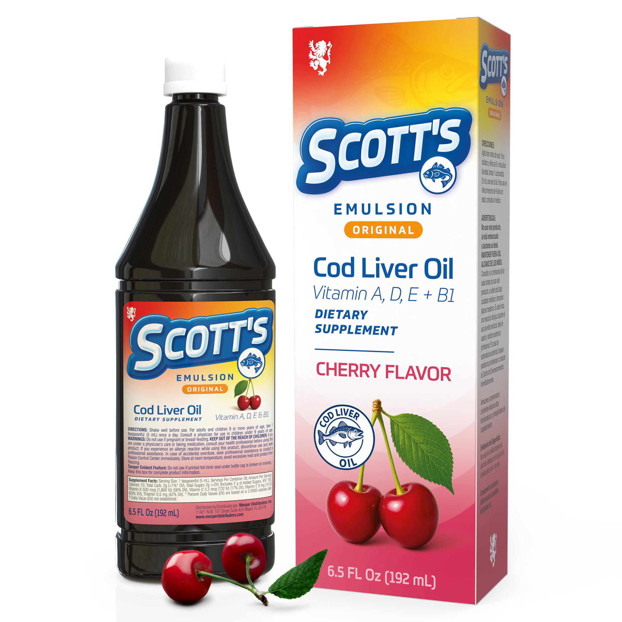 SCOTT'S EMULSION botella de aceite de hígado de bacalao para niños con sabor a cereza, apoyo diario.
