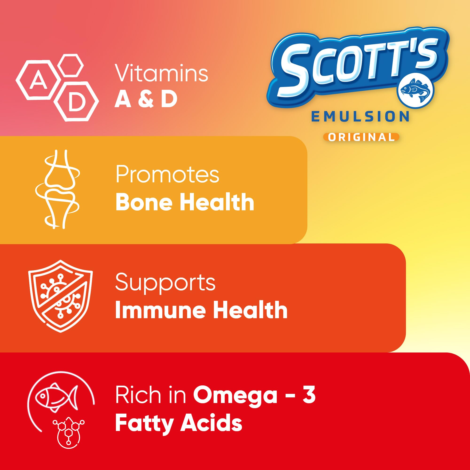 SCOTT'S EMULSION: sabor-frutas para niños, apoyo diario a la nutrición y desarrollo.