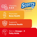 SCOTT'S EMULSION: sabor-frutas para niños, apoyo diario a la nutrición y desarrollo.