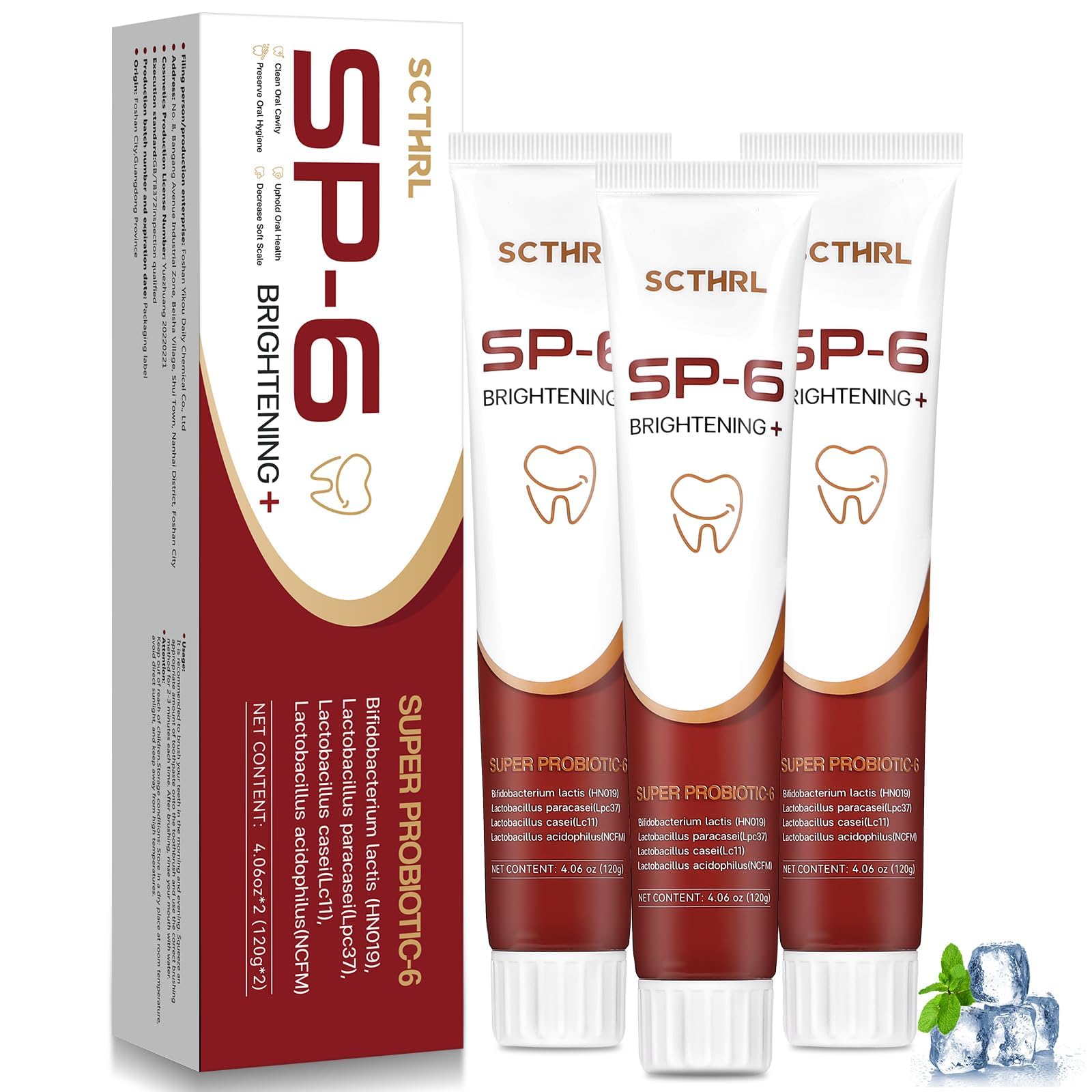 SP-6 SCTHRL pasta probiótica sin fluoruro con blanqueado suave para dientes.