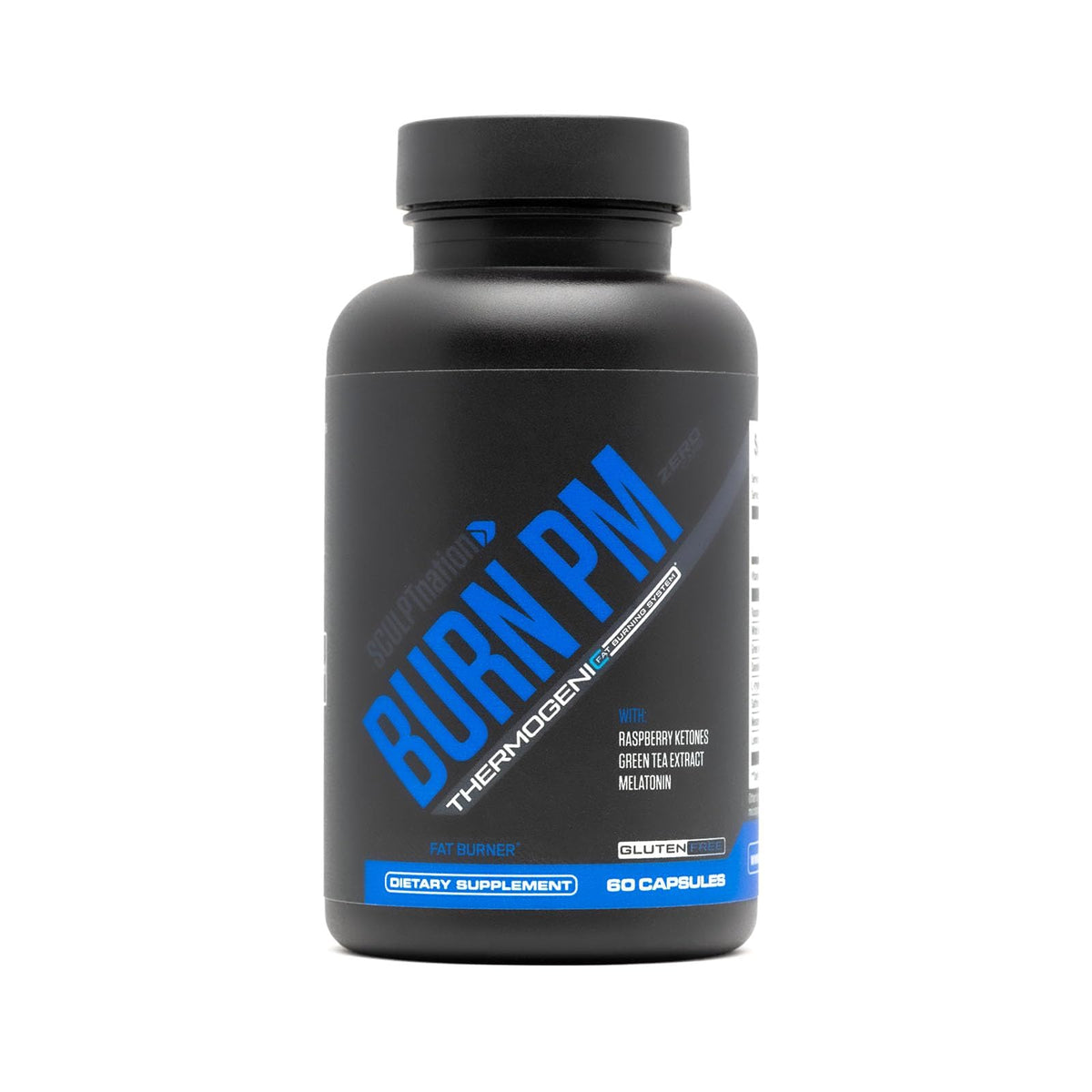 Sculpt Nation Burn PM: botella frontal muestra el diseño y apoyo nocturno al metabolismo.