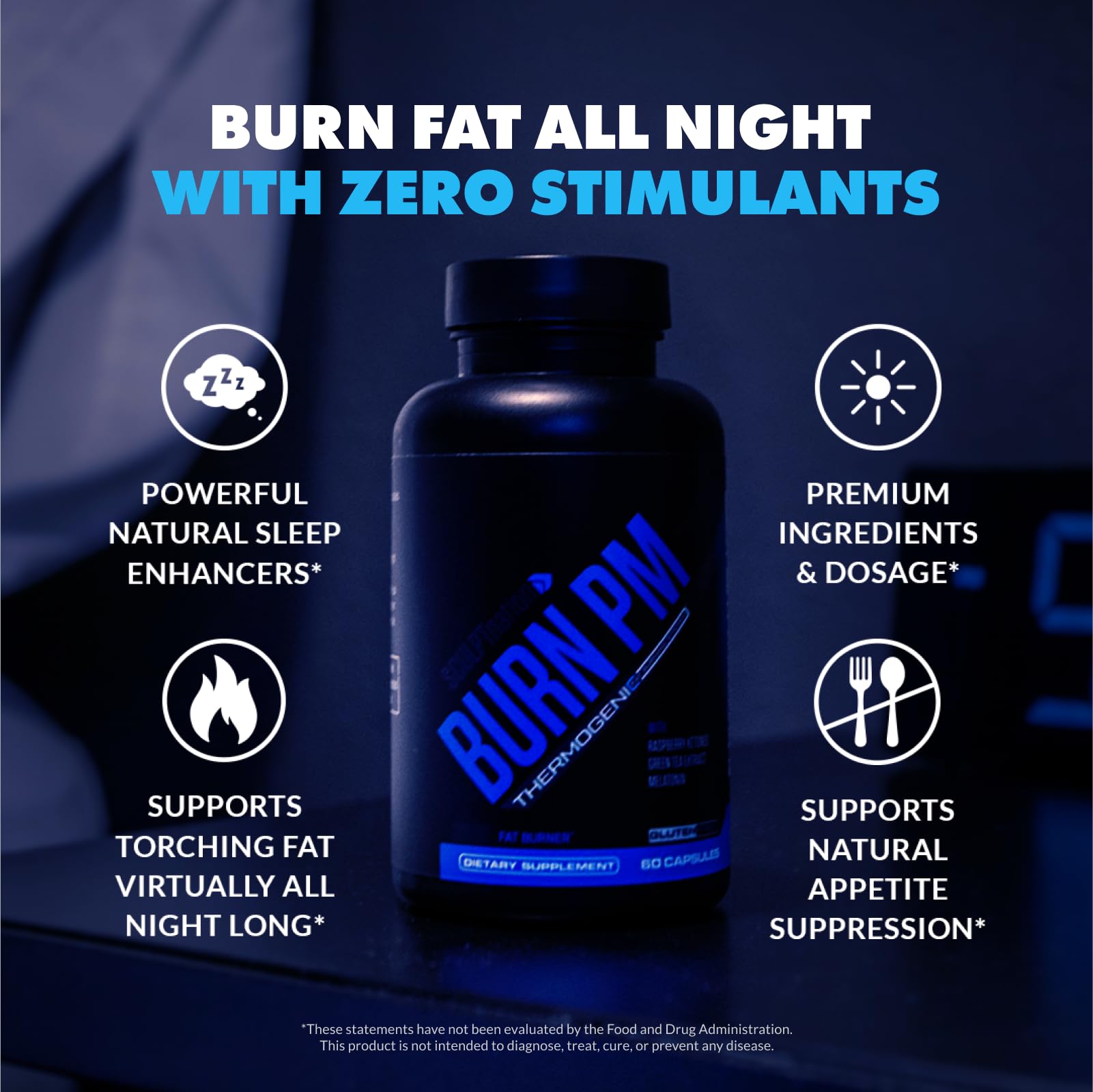 Sculpt Nation Burn PM: cápsulas, entrega dosis diseñada para soporte de saciedad nocturna.