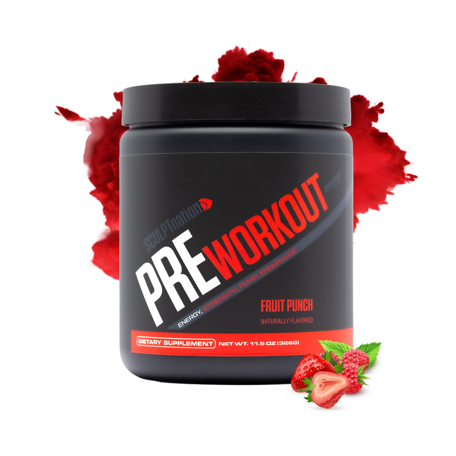 Sculpt Nation PreWorkout en frasco, sabor Fruit Punch, energía para sesiones intensas.