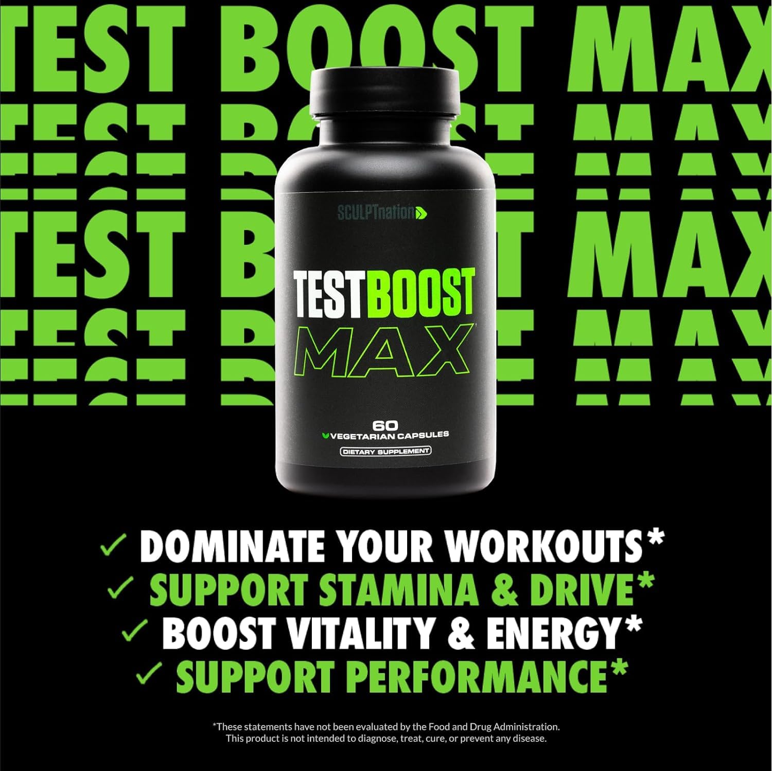 Etiqueta frontal de Test Boost Max de Sculpt Nation, señalando potencia natural y respaldo diario