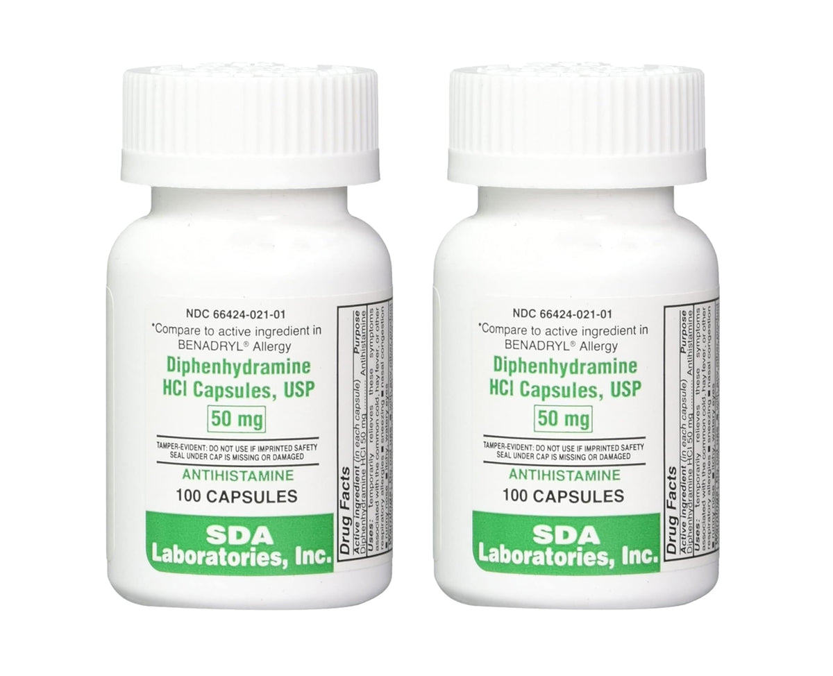 SDA Laboratories difenhidramina 50mg frasco de cápsulas para alivio rápido de alergias