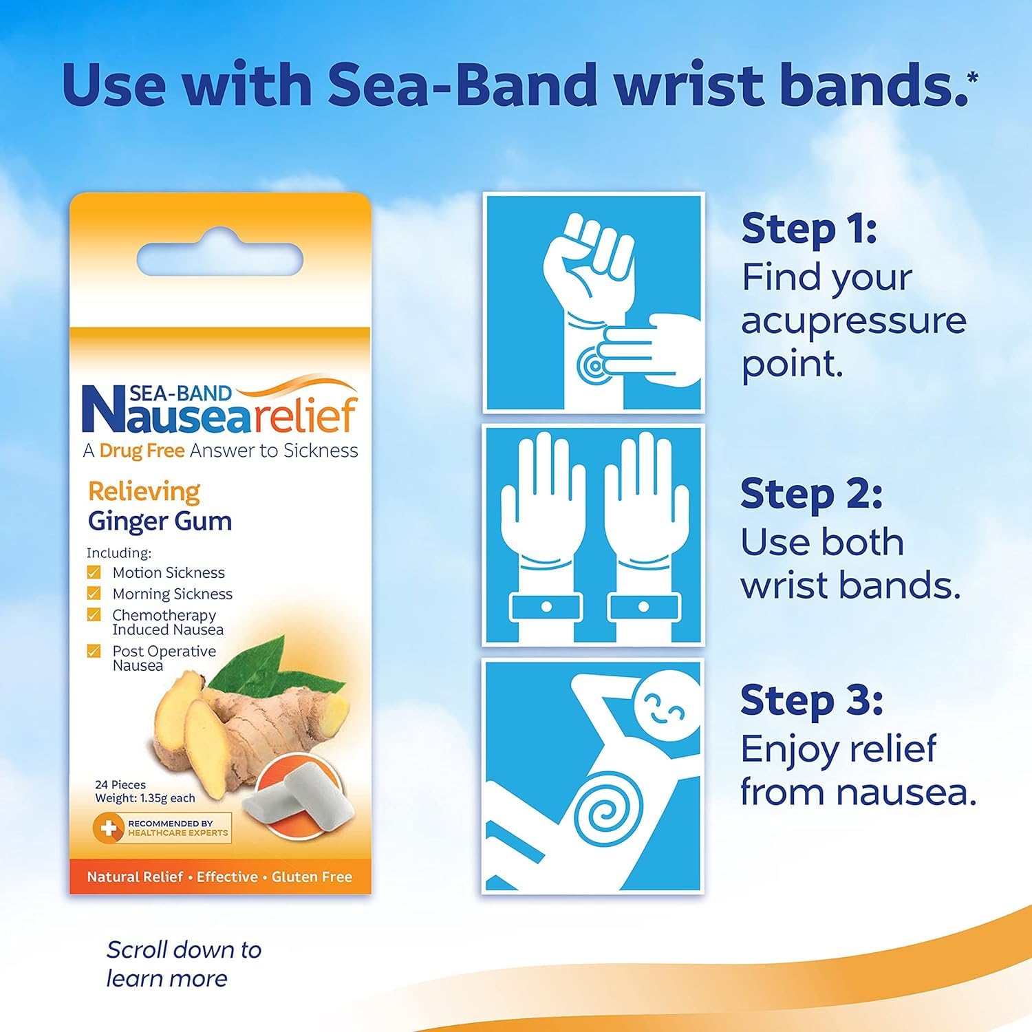 Sea-Band Goma de Jengibre, textura chicle suave para alivio rápido