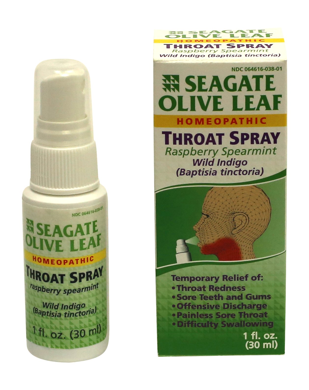 Seagate atomizador garganta hoja de olivo, sabor frambuesa-menta, uso para irritaciones leves.