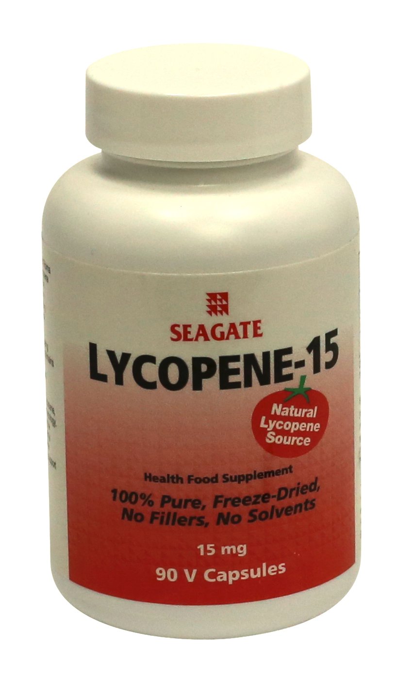 Seagate Licopeno-15, botella de cápsulas, antioxidantes para apoyar la salud diaria.