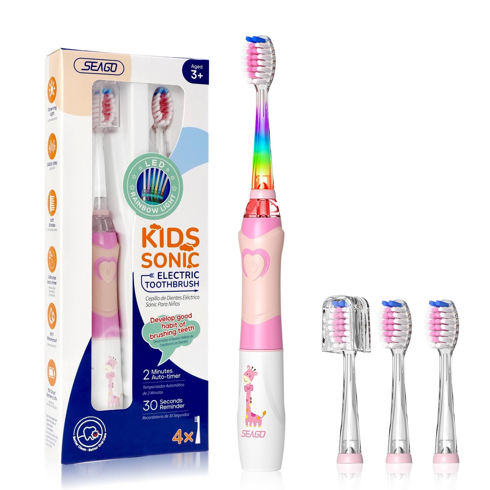SEAGO cepillo infantil para niños con luz arcoíris para cepillado divertido y visualización de progreso