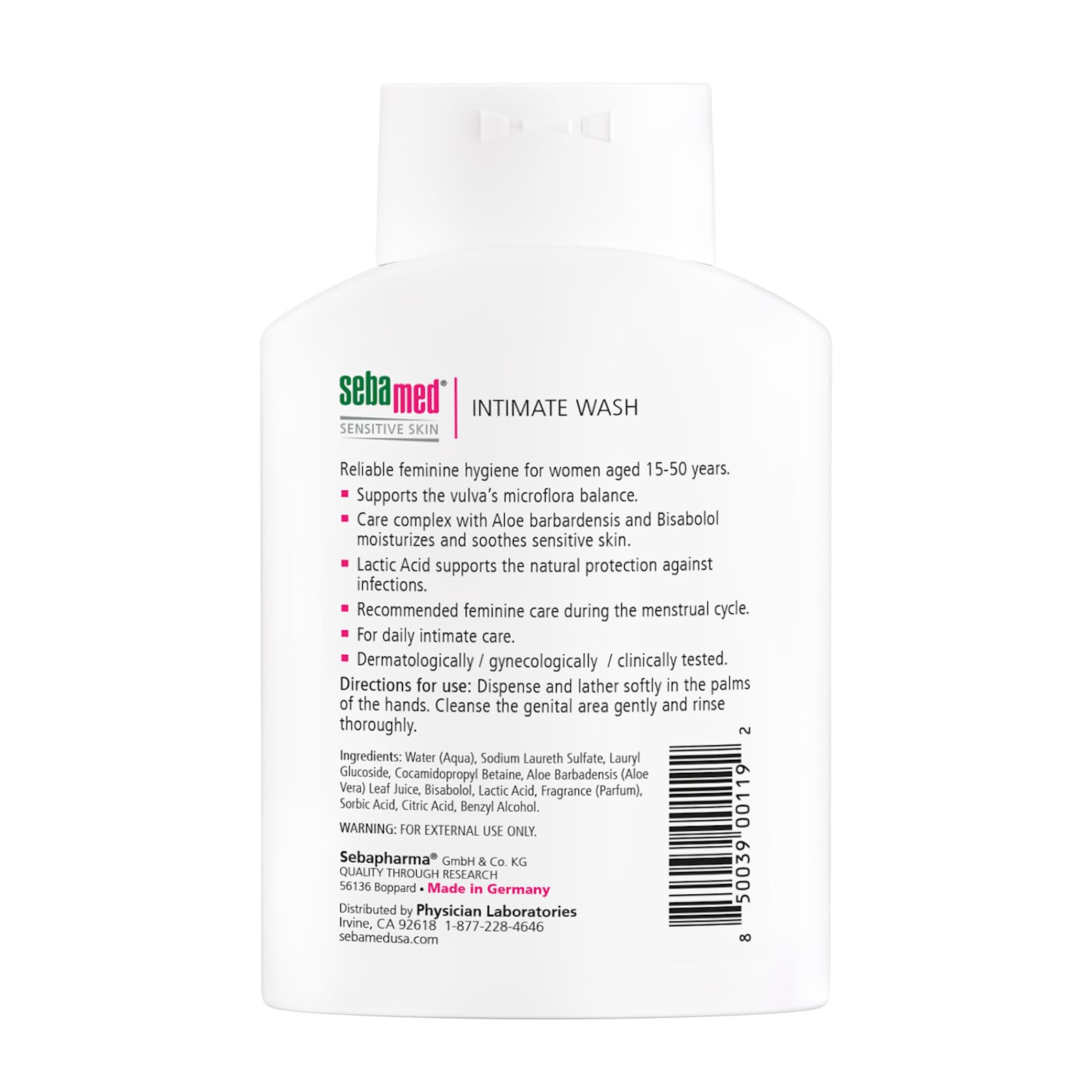 SEBAMED lavando íntimo aloe vera en hoja fresca para confort diario.