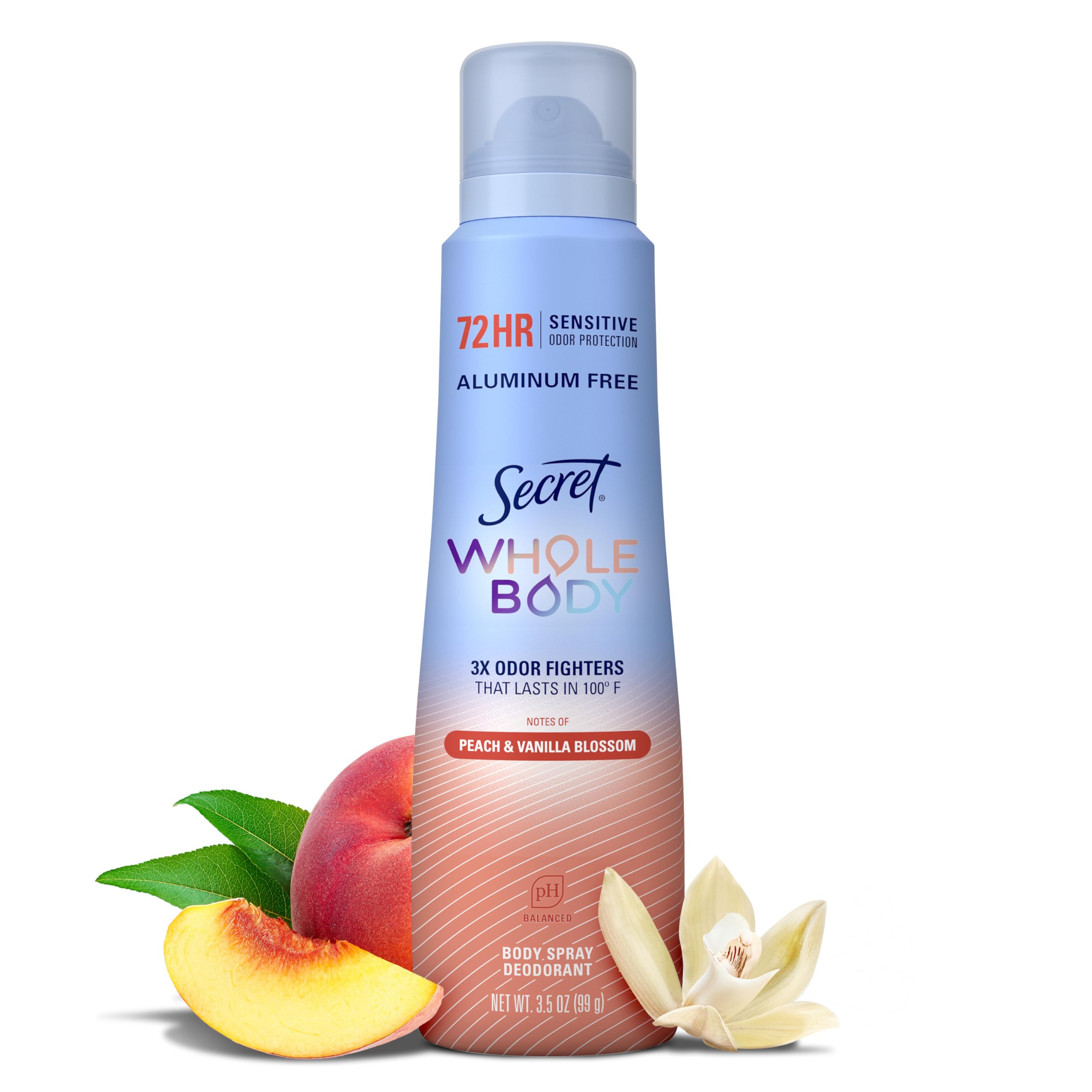 Secret desodorante corporal sin aluminio, spray fragancia durazno y vainilla para todo el día.