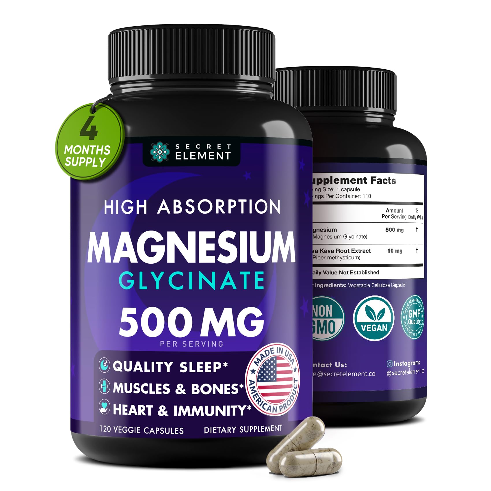 Secret Element botella cápsulas magnesio glicinato 500 mg, fácil de llevar para uso diario.
