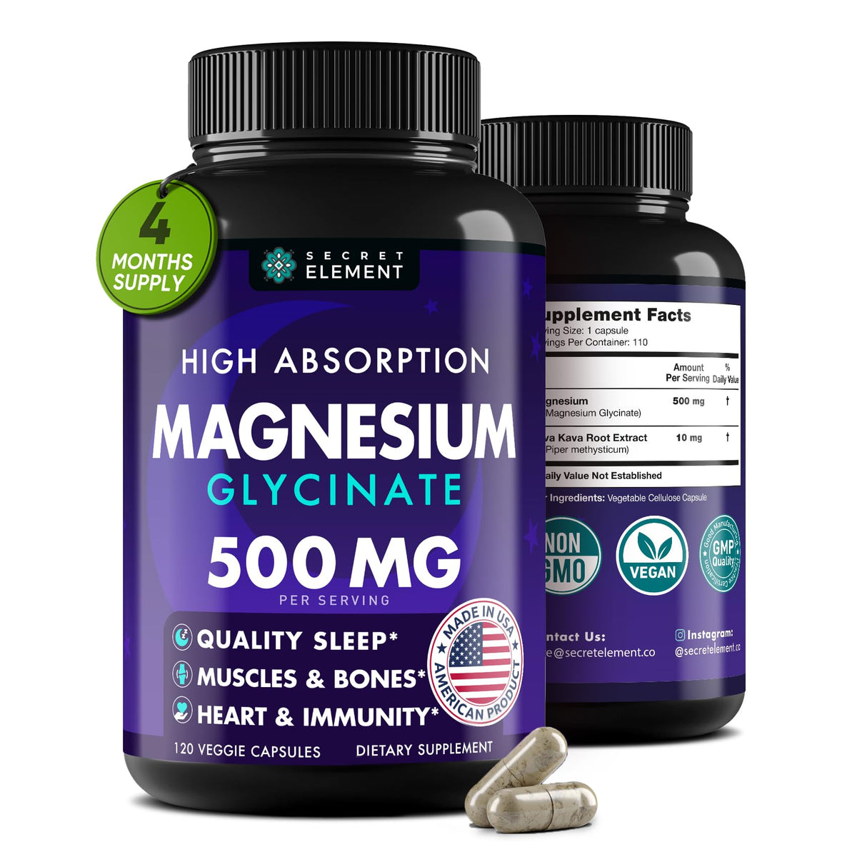 Secret Element botella cápsulas magnesio glicinato 500 mg, fácil de llevar para uso diario.