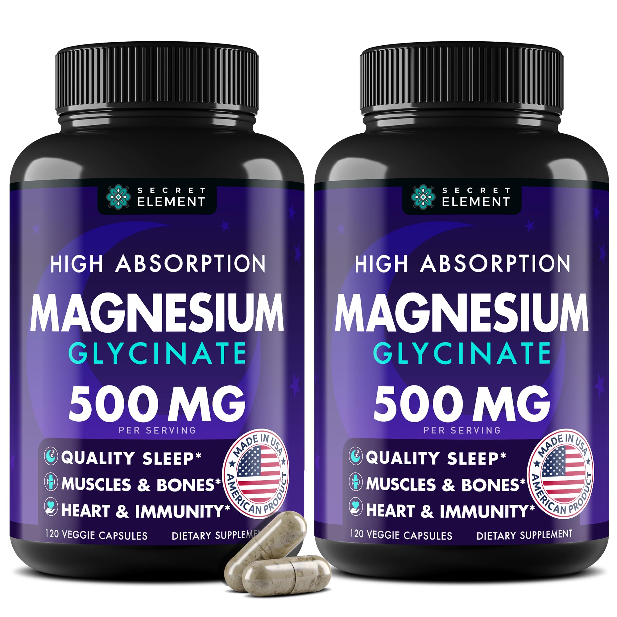 Secret Element magnesio glicinato 500mg cápsulas frente, alta absorción para bienestar diario