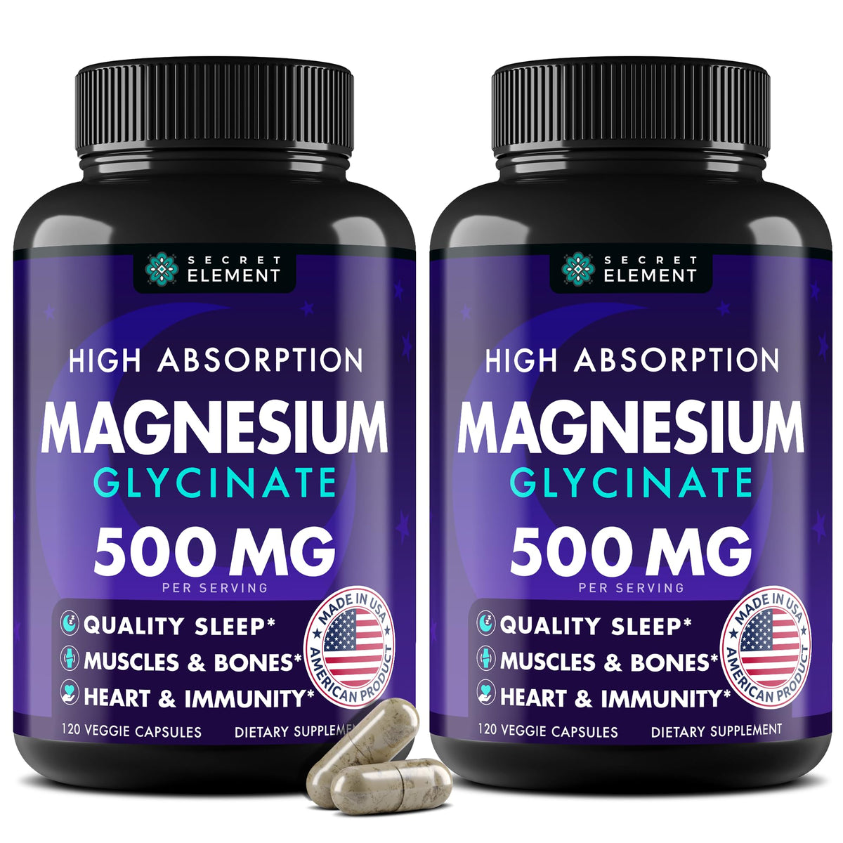 Secret Element magnesio glicinato 500mg cápsulas frente, alta absorción para bienestar diario